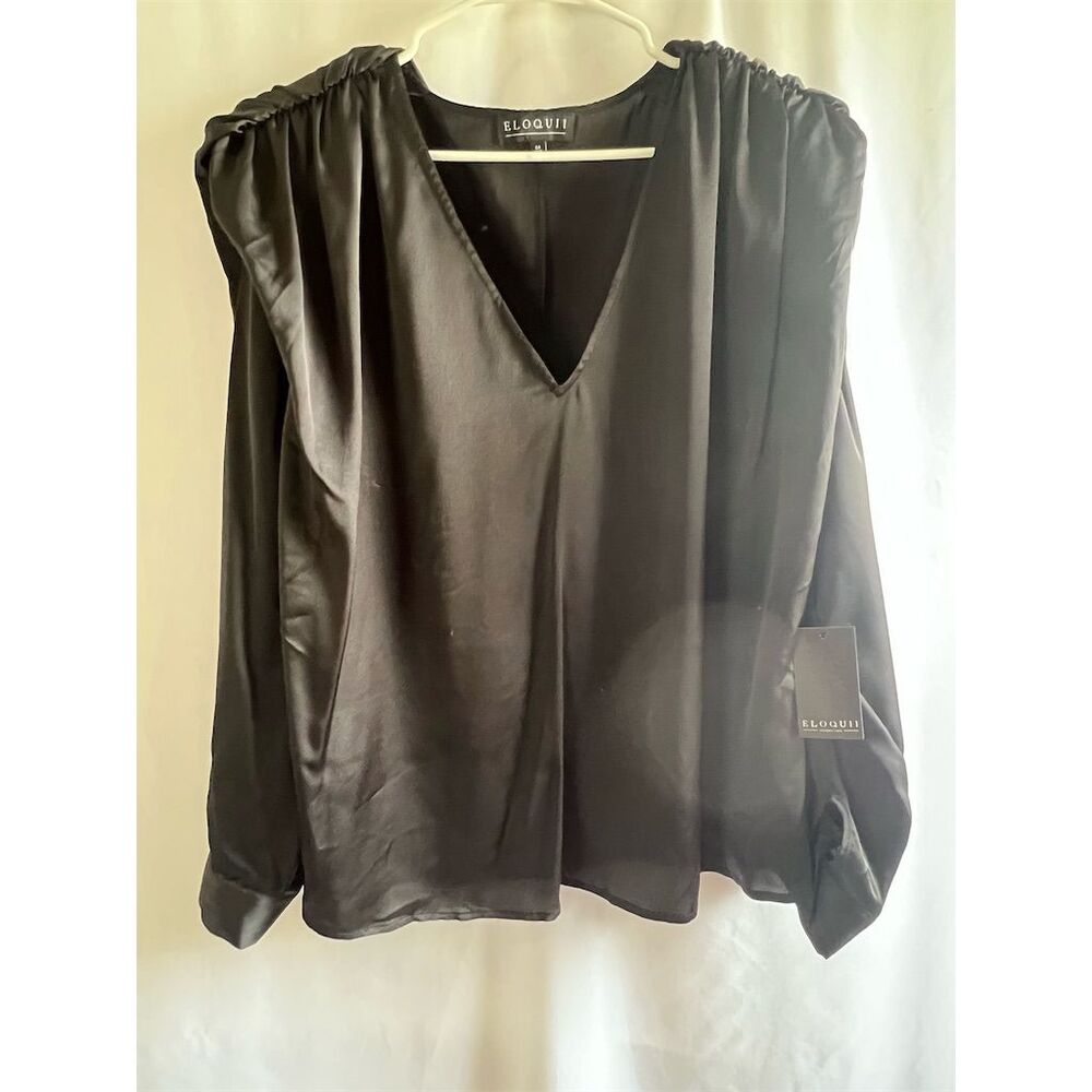 Eloquii Women's Plus Size 24 Black Satin V-Neck Blouse Long Sleeve